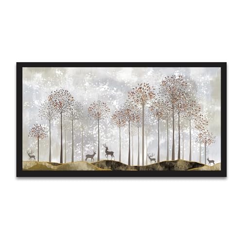 DEKORSTATION Golden Tranquility Modern Canvas Wall Art with Golden Tree and Deer Floating Frame Canvas Wall Painting for Home and Office Décor (24 Inch W x 12 Inch H) - Image 2