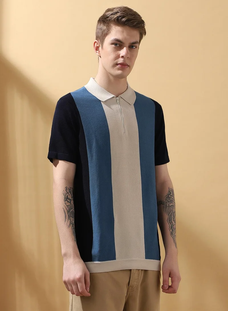 Dennis Lingo Regular fit rib collar with three color vertical stripes