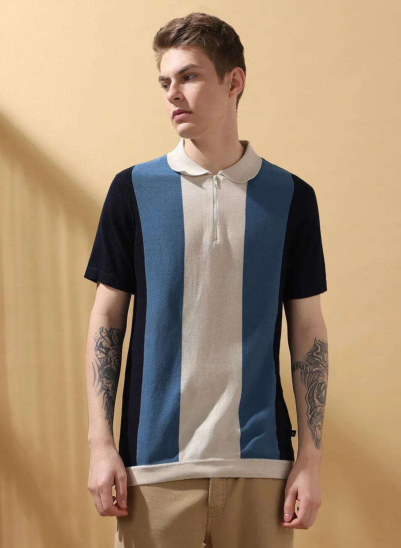 Dennis Lingo Regular fit rib collar with three color vertical stripes