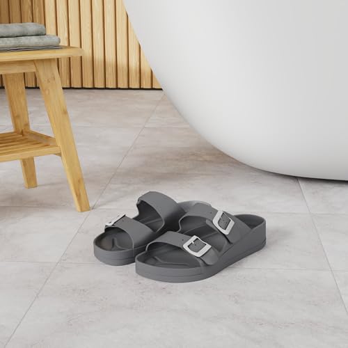 FUNKYMONKEY Women's Comfort Slides Double Buckle Adjustable EVA Flat Sandals (9 M US/Women, Grey) - Image 2
