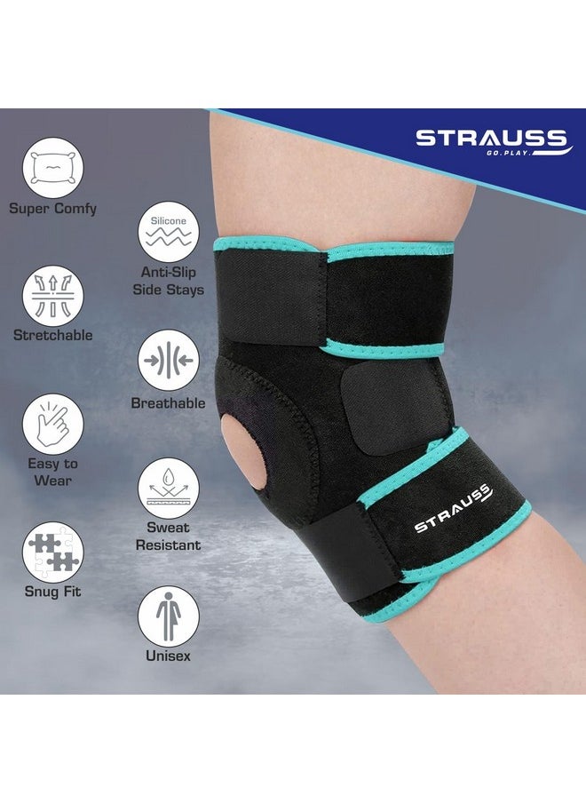 شتراوس دعامة الركبة القابلة للتعديل من STRAUSS | دعامة الركبة الضاغطة للرجال والنساء | مادة قابلة للتنفس | أحزمة الركبة للصالة الرياضية واللياقة البدنية وكرة السلة والتعافي من الإصابات والجري والرياضة | زوج (أسود/أزرق)  - Image 2