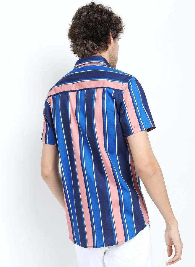 HIGHLANDER Striped Pocket Detail Slim Fit Shirt with Short Sleeves by Styli