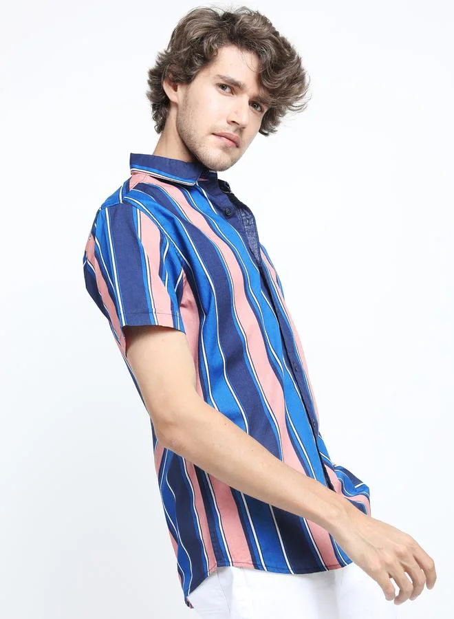 HIGHLANDER Striped Pocket Detail Slim Fit Shirt with Short Sleeves by Styli