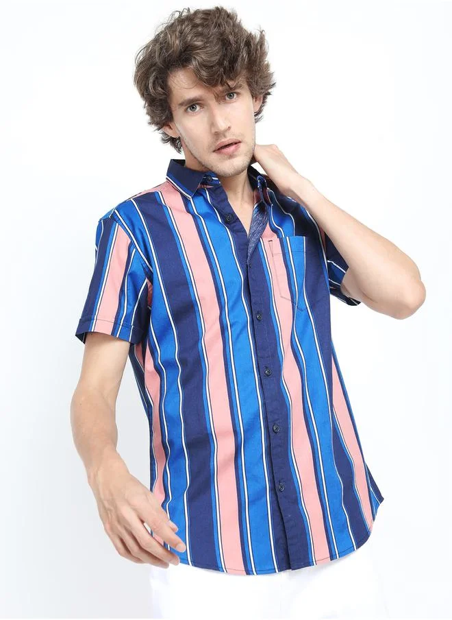 HIGHLANDER Striped Pocket Detail Slim Fit Shirt with Short Sleeves by Styli