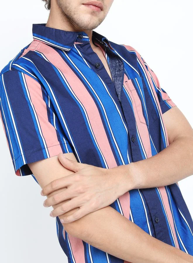 HIGHLANDER Striped Pocket Detail Slim Fit Shirt with Short Sleeves