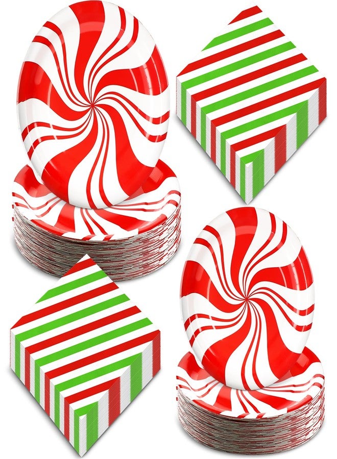 Uiifan 300 Pcs Christmas Paper Plates and Napkins Set - Peppermint Candy Disposable Tableware Decor - 200 Red Striped Round Plates, 100 Napkins for Xmas Party - Image 1