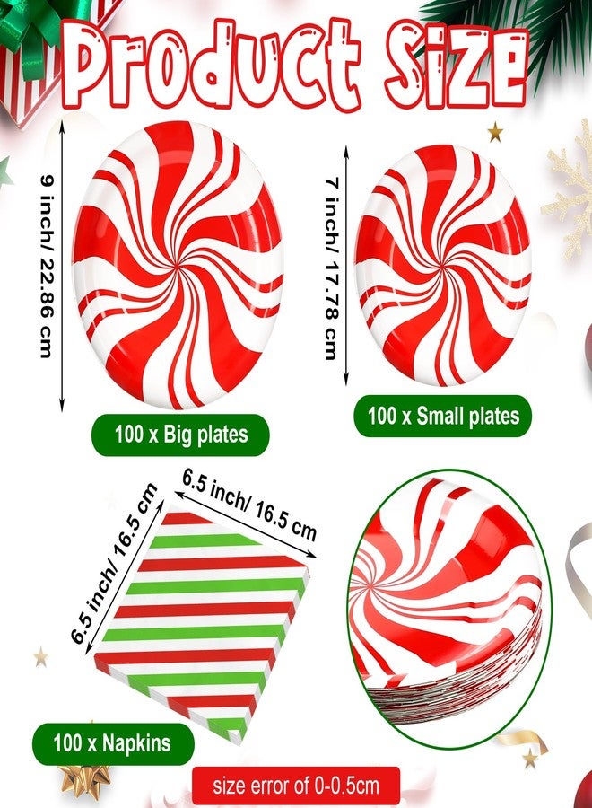 Uiifan 300 Pcs Christmas Paper Plates and Napkins Set - Peppermint Candy Disposable Tableware Decor - 200 Red Striped Round Plates, 100 Napkins for Xmas Party - Image 2
