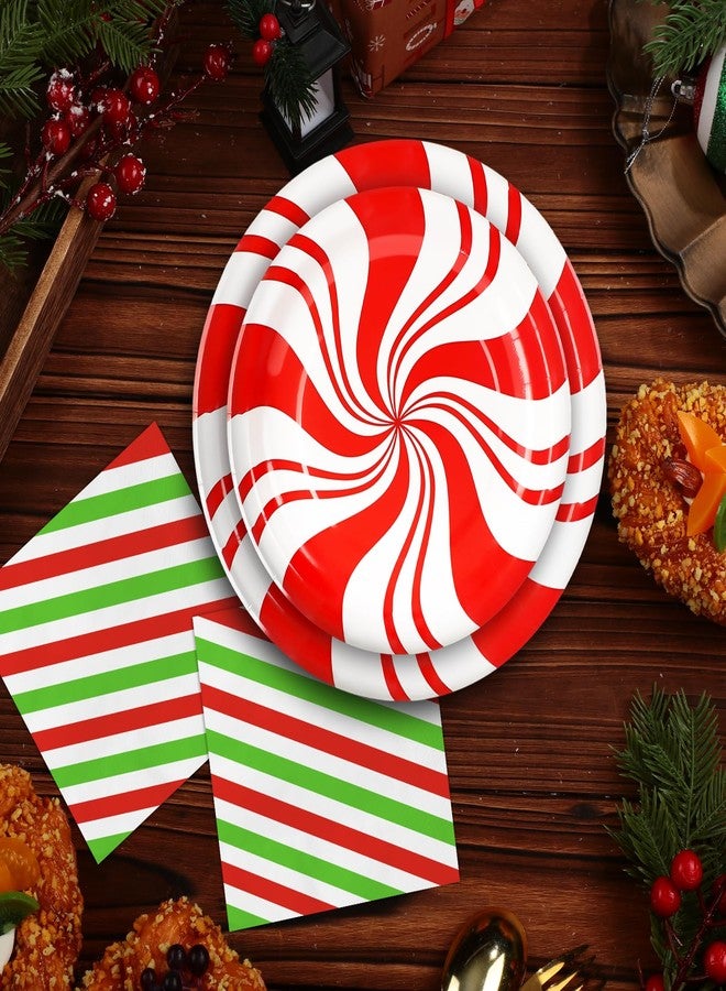 Uiifan 300 Pcs Christmas Paper Plates and Napkins Set - Peppermint Candy Disposable Tableware Decor - 200 Red Striped Round Plates, 100 Napkins for Xmas Party - Image 3