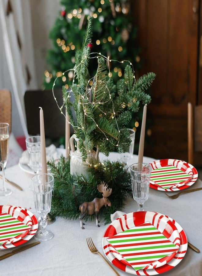 Uiifan 300 Pcs Christmas Paper Plates and Napkins Set - Peppermint Candy Disposable Tableware Decor - 200 Red Striped Round Plates, 100 Napkins for Xmas Party - Image 5