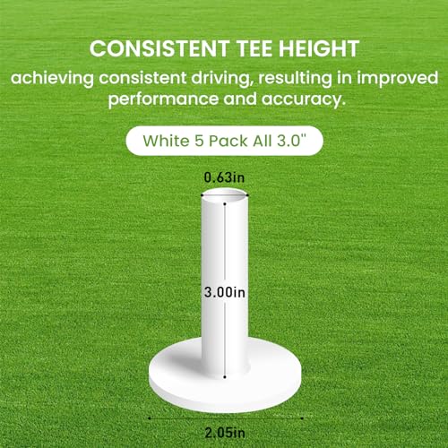 FINGER TEN Golf Rubber Tees 1.5" 2.25" 2.75" 3" 3.13" Same or Mixed Sizes/Colors Value 5 Pack, Durable & Hold Ball Well Golf Accessory for Indoor Outdoor Practice (White 5 Pack All 3.0'') - Image 2