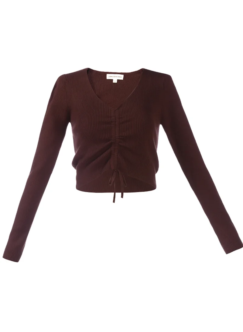 London Rag Long Sleeve Drawstring Ruched Top in Chocolate