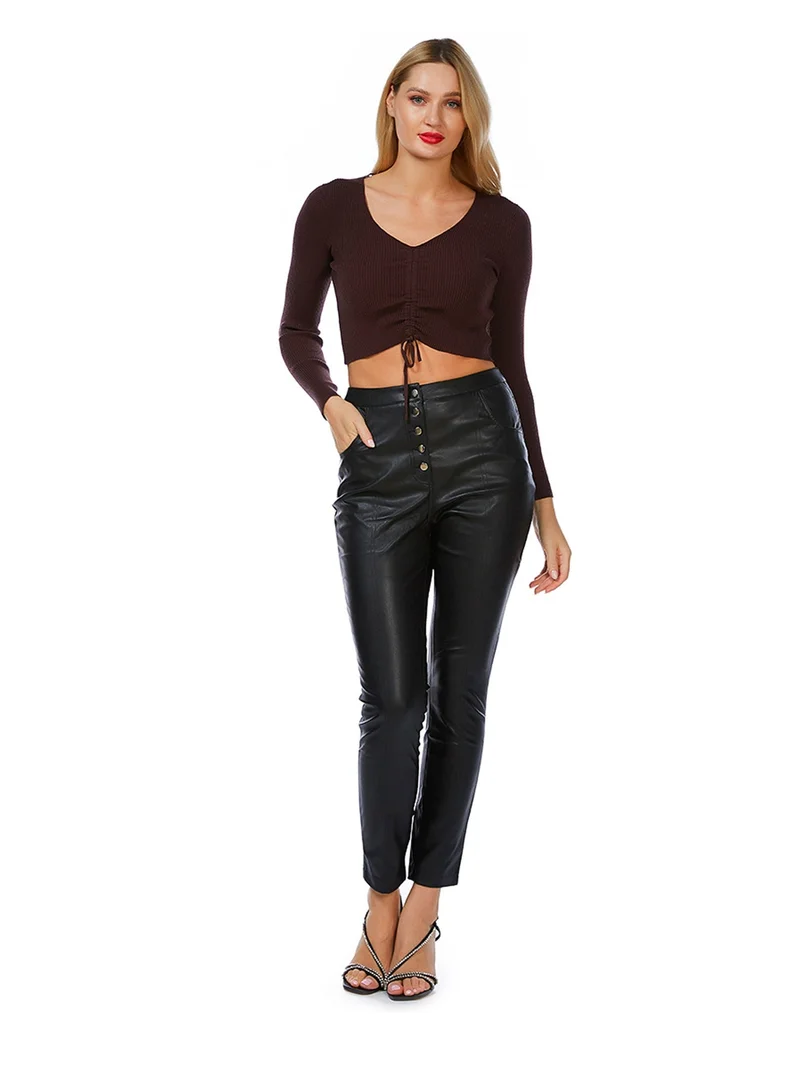 London Rag Long Sleeve Drawstring Ruched Top in Chocolate