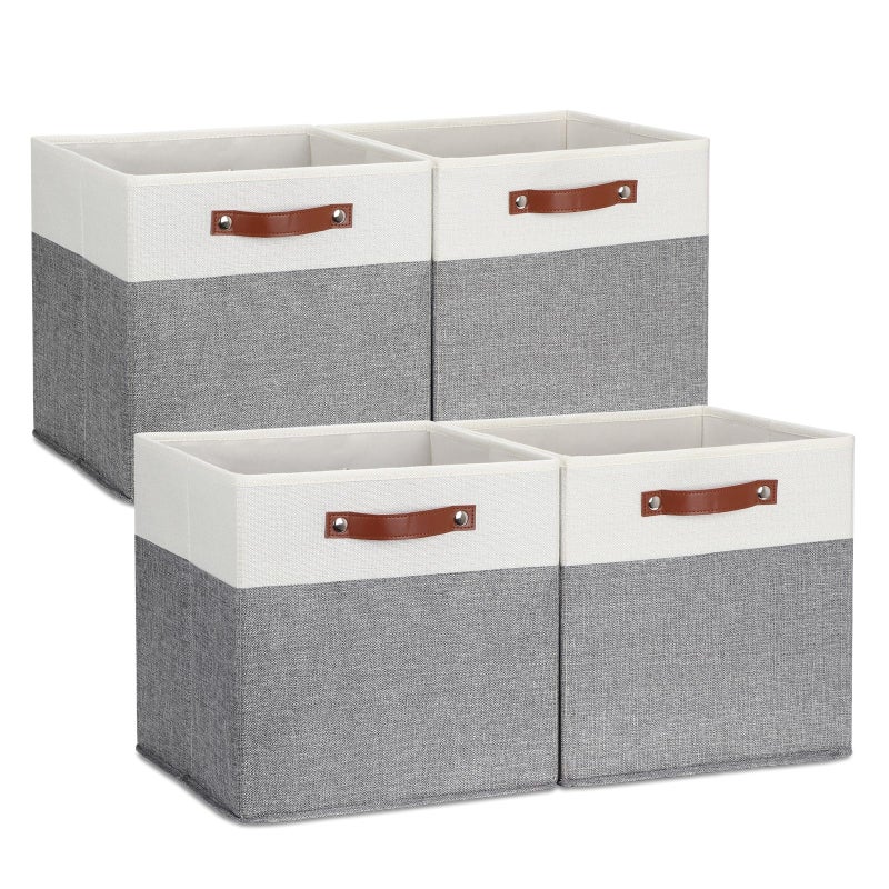 DULLEMELO Storage Cubes 13 inch Collapsible Sturdy Cube Storage Bins With Handles for OrganizingFabric Storage Baskets for Shelves Nursery Closet Home Organization WhiteGrey4 Pack