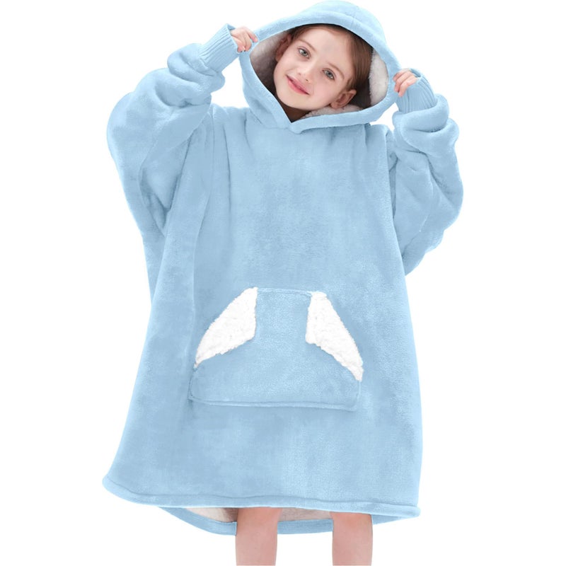 Touchat Wearable Blanket Hoodie Oversized Sherpa Blanket Sweatshirt with Hood Pocket and Sleeves Super Soft Warm Plush Hooded Blanket for Kids One Size Fits All Black