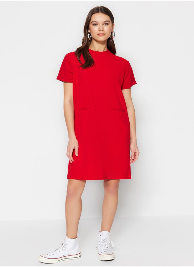 trendyol Red Crepe Mini Smart Crepe Dress with Pocket-Looking Opening at the Waist/Skater TWOSS23EL01802  - Image 1