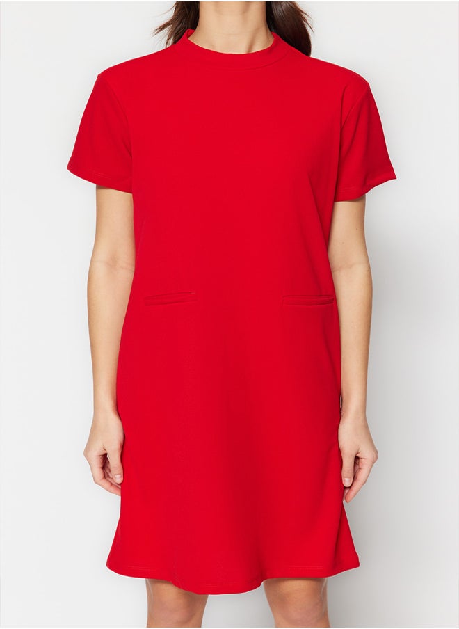 trendyol Red Crepe Mini Smart Crepe Dress with Pocket-Looking Opening at the Waist/Skater TWOSS23EL01802  - Image 4