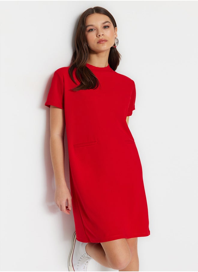 trendyol Red Crepe Mini Smart Crepe Dress with Pocket-Looking Opening at the Waist/Skater TWOSS23EL01802  - Image 3