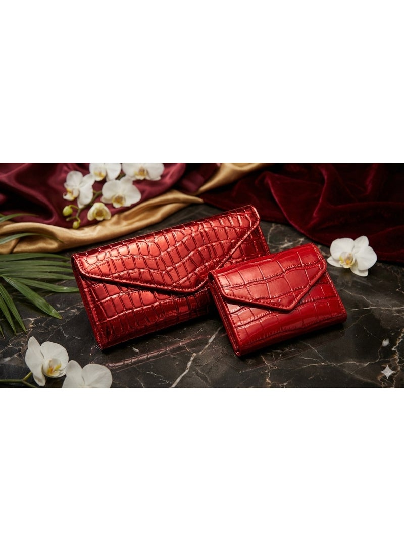 zoba Women's evening bag set in shiny crocodile leather with a gold shoulder chain + wallet - Red - Image 4