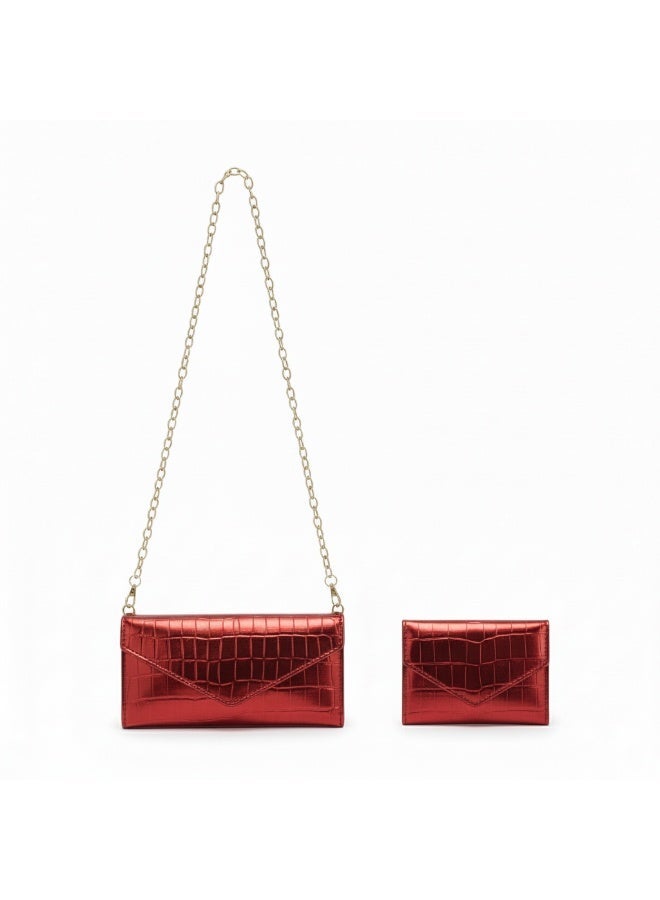 zoba Women's evening bag set in shiny crocodile leather with a gold shoulder chain + wallet - Red - Image 1
