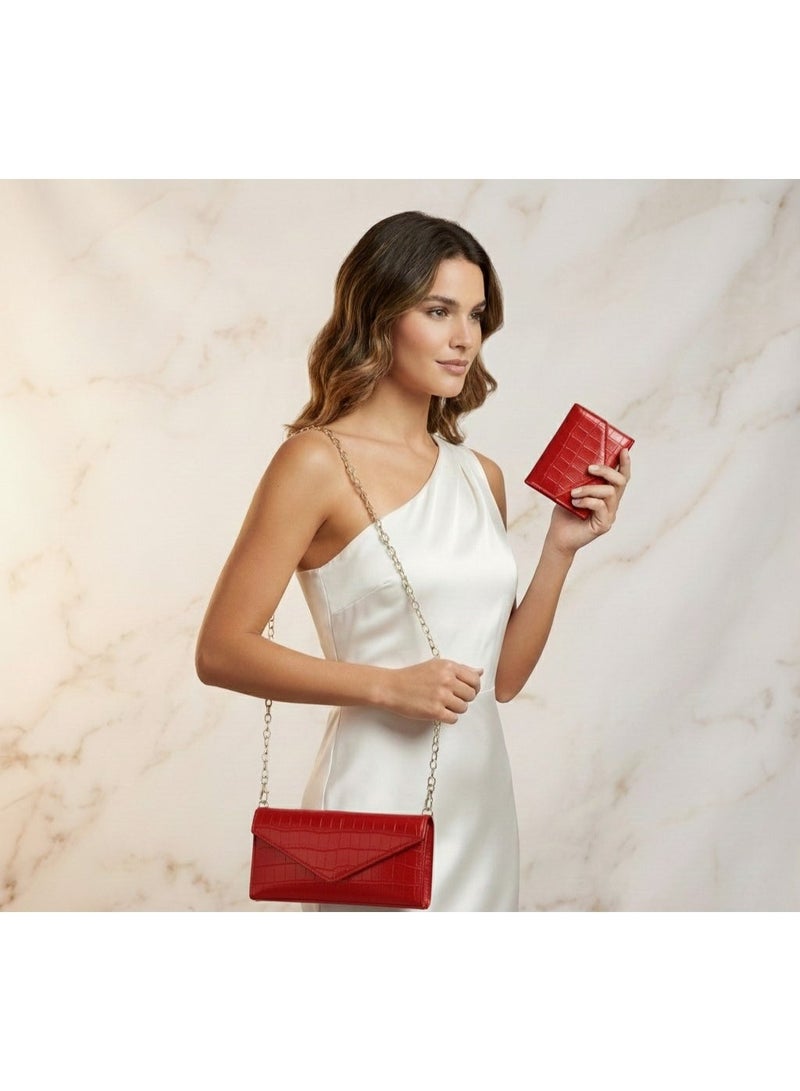 zoba Women's evening bag set in shiny crocodile leather with a gold shoulder chain + wallet - Red - Image 2