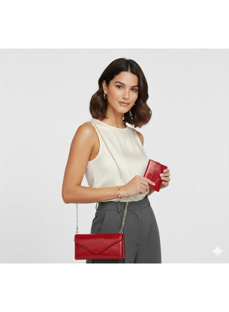 zoba Women's evening bag set in shiny crocodile leather with a gold shoulder chain + wallet - Red - Image 3