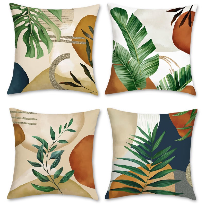 Bonhause Boho Abstract Leaves Pillow Covers 18x18 Set of 4 Mid Century Modern Decorative Pillows Case Soft Velvet Outdoor for Couch Sofa Bed Home Decor