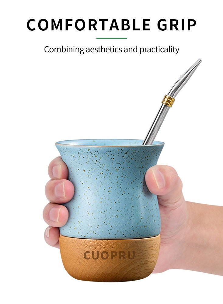 CUOPRU Ceramic cup on wooden base with straw brush, mate tea cup, coffee cup  - Image 4