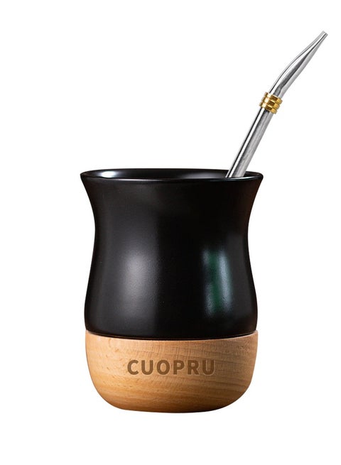 Ceramic cup on wooden base with straw brush, mate tea cup, coffee cup