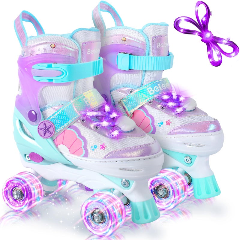 BELEEV Kids Roller Skates for Girls, 4-Size Adjustable Quad Skates with 8 Light-Up LED Wheels & Bonus Shoe Lace, Safe & Fun for Toddlers Children Beginners, Ideal Birthday - Image 1