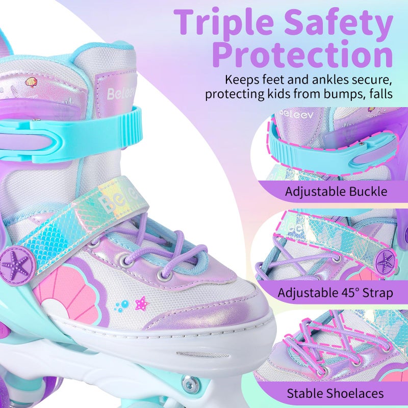 BELEEV Kids Roller Skates for Girls, 4-Size Adjustable Quad Skates with 8 Light-Up LED Wheels & Bonus Shoe Lace, Safe & Fun for Toddlers Children Beginners, Ideal Birthday - Image 4