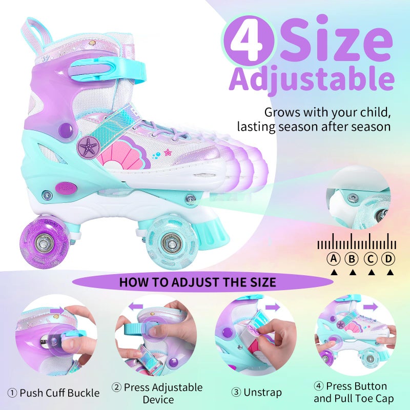 BELEEV Kids Roller Skates for Girls, 4-Size Adjustable Quad Skates with 8 Light-Up LED Wheels & Bonus Shoe Lace, Safe & Fun for Toddlers Children Beginners, Ideal Birthday - Image 3