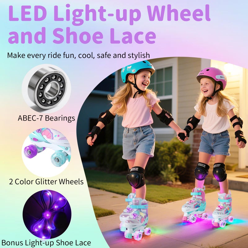 BELEEV Kids Roller Skates for Girls, 4-Size Adjustable Quad Skates with 8 Light-Up LED Wheels & Bonus Shoe Lace, Safe & Fun for Toddlers Children Beginners, Ideal Birthday - Image 2