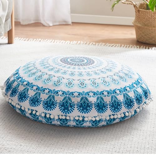 Codi Meditation Floor Pillow, Round Large Pillows Seating for Adults, Bohemian Mandala Circle Cushion for Outdoor Fireplace Yoga Living Room, 32 Inch, Memory Foam Added, Aqua - Image 1