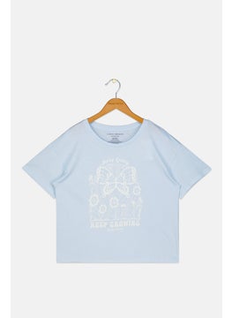 Kids Girl Round Neck Short Sleeves Graphic Printed T-shirt, Light Blue