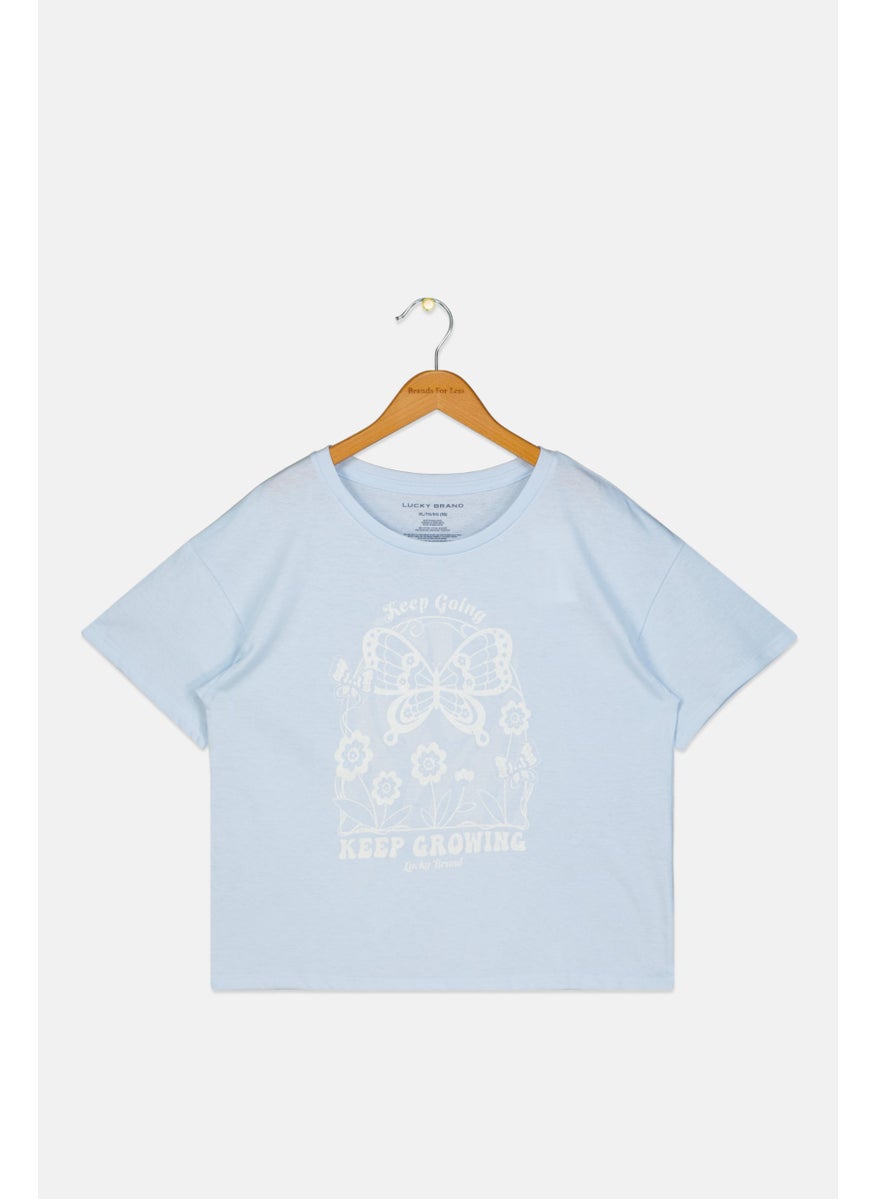 LUCKY BRAND - Kids Girl Round Neck Short Sleeves Graphic Printed T-shirt, Light Blue - Image 1