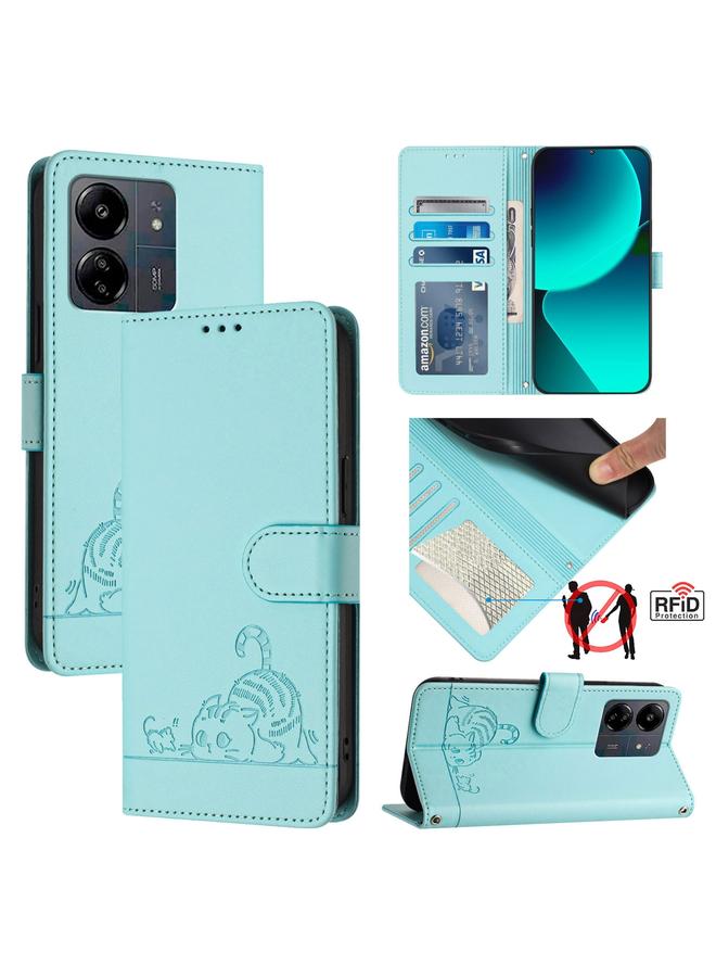Case For Xiaomi POCO M6 5G Global Cat Rat Embossed Pattern RFID Leather Phone Case with Lanyard