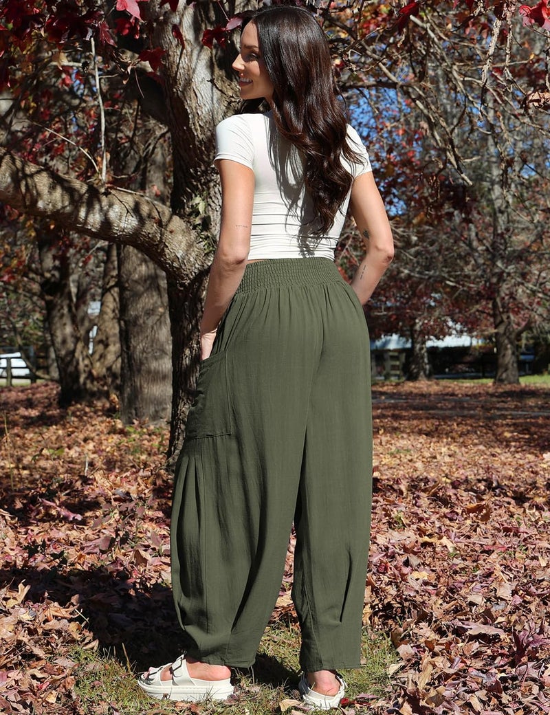 TARSE Women Linen Pants Summer Casual Loose High Waist Palazzo Harem Pants 2025 Beach Travel Vacation Outfits, ArmyGreen, XL - Image 4