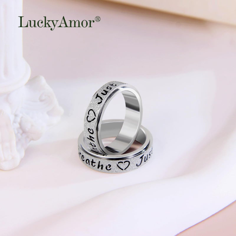 LuckyAmor Fidget Spinner Ring for Women - Just Breathe Inspirational & Heart Purity Rings, Stainless Steel Anxiety Ring Jewelry for Adults, Thumb Roating Hope Rings for Stress Relief Gift for Her (Silver, 9) - Image 5