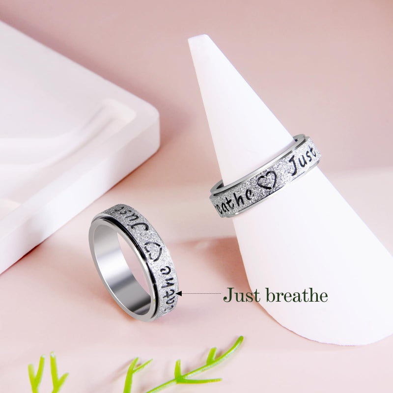 LuckyAmor Fidget Spinner Ring for Women - Just Breathe Inspirational & Heart Purity Rings, Stainless Steel Anxiety Ring Jewelry for Adults, Thumb Roating Hope Rings for Stress Relief Gift for Her (Silver, 9) - Image 4