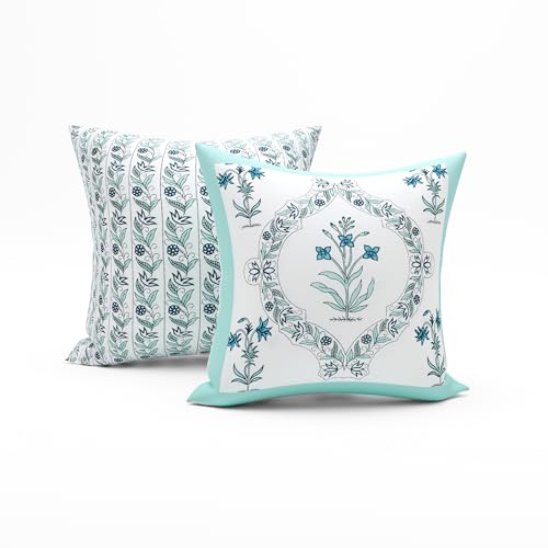 BLOCKS OF INDIA 200TC Diwan Set Cotton 8 Piece | Deewan Printed Bedsheet Sets for Living Room Hall (Set of 8 Piece, 1-Bed Sheet | 2-Bolster Cover | 5-Cushion Cover (Turquoise BEL) - Image 2