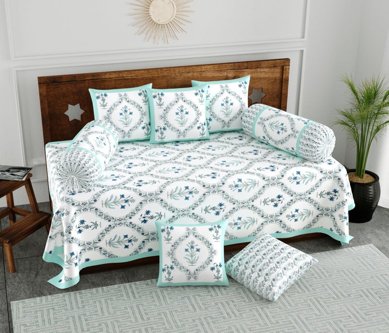 BLOCKS OF INDIA 200TC Diwan Set Cotton 8 Piece | Deewan Printed Bedsheet Sets for Living Room Hall (Set of 8 Piece, 1-Bed Sheet | 2-Bolster Cover | 5-Cushion Cover (Turquoise BEL) - Image 1