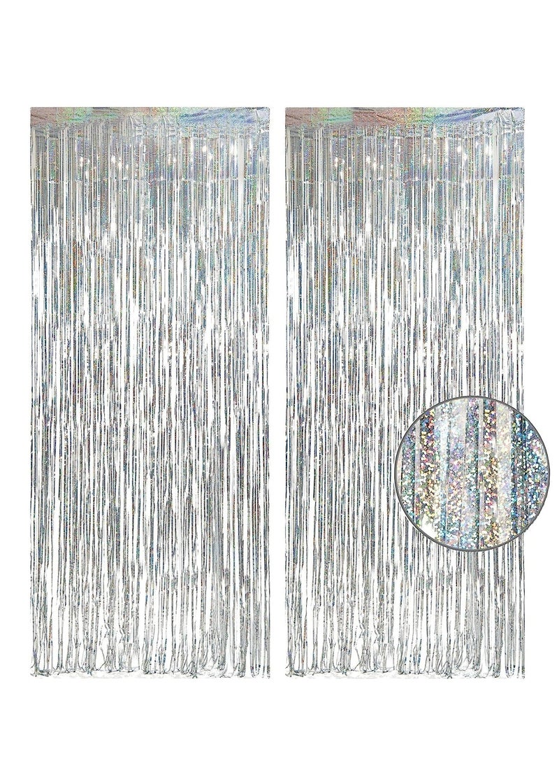 SYOSI Tinsel Curtain Party Backdrop, Laser  Silver Glitter Foil Fringe Curtain Lilac Party Decor Streamers for Birthday Girl Princess Bachelorette Euphoria Theme Party Decorations 2 Pcs - Image 1