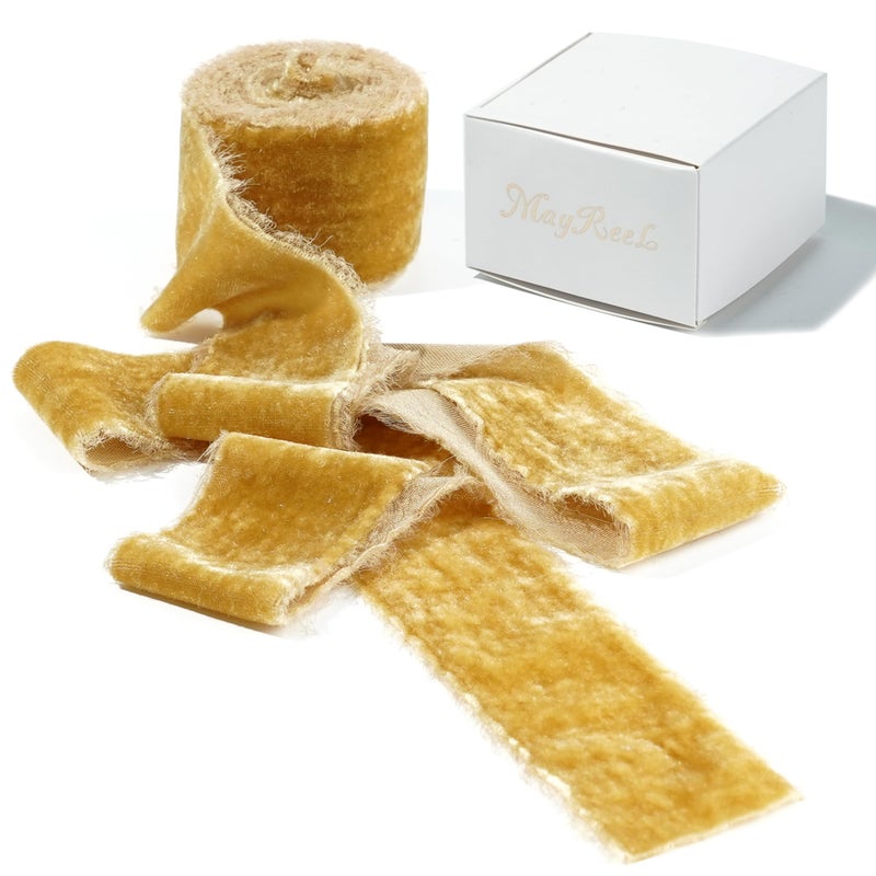 MAYREEL 2 Inch Gold Velvet Ribbon Hand Torn Golden Silk Frayed Edge for Bridal Bouquets Invitations Wedding Vow Books Gift Baskets Hair Bows 3 Yards