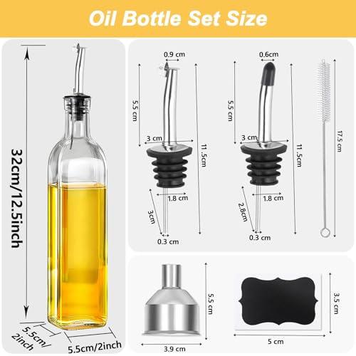 MEIDAYAI Olive Oil Dispenser Bottle, 1 Pcs Glass Oil and Vinegar Dispenser Set with 2 Stainless Steel Pourers, 2 Labels,1 Brush and 1 Funnel Oil Bottles for Kitchen (17oz/500ml) - Image 2