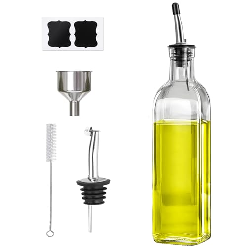 MEIDAYAI Olive Oil Dispenser Bottle, 1 Pcs Glass Oil and Vinegar Dispenser Set with 2 Stainless Steel Pourers, 2 Labels,1 Brush and 1 Funnel Oil Bottles for Kitchen (17oz/500ml) - Image 1