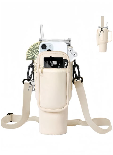 Water Bottle Holder With Strap for Stanley 40 oz Tumbler With Handle, With Cell Phone Pocket and Adjustable Shoulder Strap Tumbler Accessories for Stanley - Water Bottle Sleeve For Outdoors, Beige