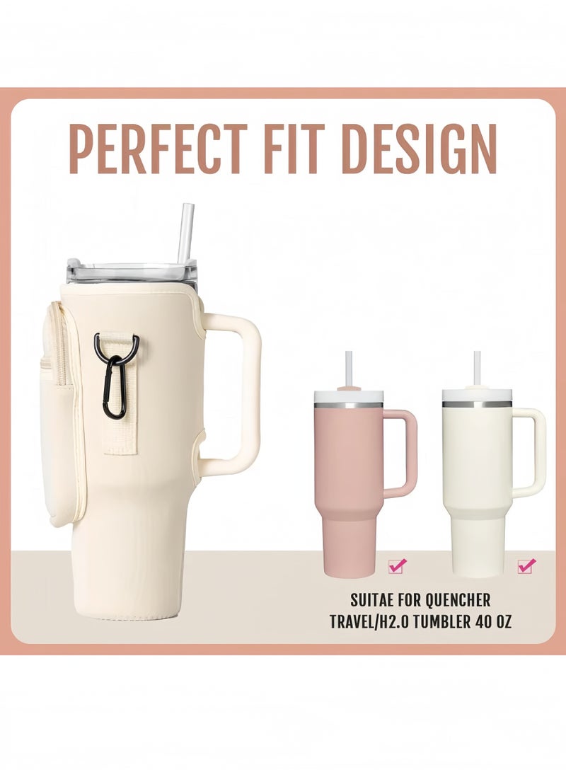 Lee Yon Water Bottle Holder With Strap for Stanley 40 oz Tumbler With Handle, With Cell Phone Pocket and Adjustable Shoulder Strap Tumbler Accessories for Stanley - Water Bottle Sleeve For Outdoors, Beige - Image 4