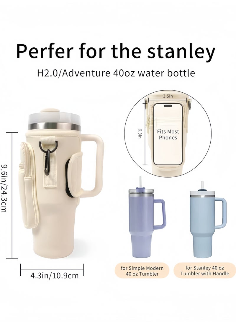 Lee Yon Water Bottle Holder With Strap for Stanley 40 oz Tumbler With Handle, With Cell Phone Pocket and Adjustable Shoulder Strap Tumbler Accessories for Stanley - Water Bottle Sleeve For Outdoors, Beige - Image 3