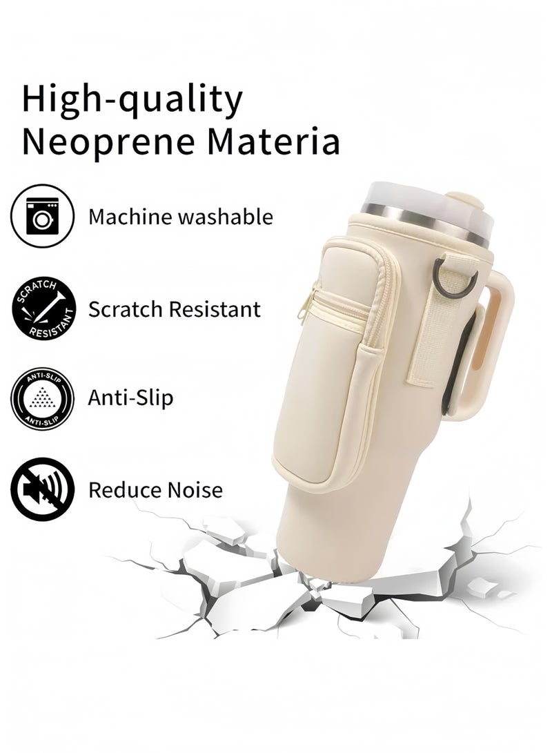 Lee Yon Water Bottle Holder With Strap for Stanley 40 oz Tumbler With Handle, With Cell Phone Pocket and Adjustable Shoulder Strap Tumbler Accessories for Stanley - Water Bottle Sleeve For Outdoors, Beige - Image 2