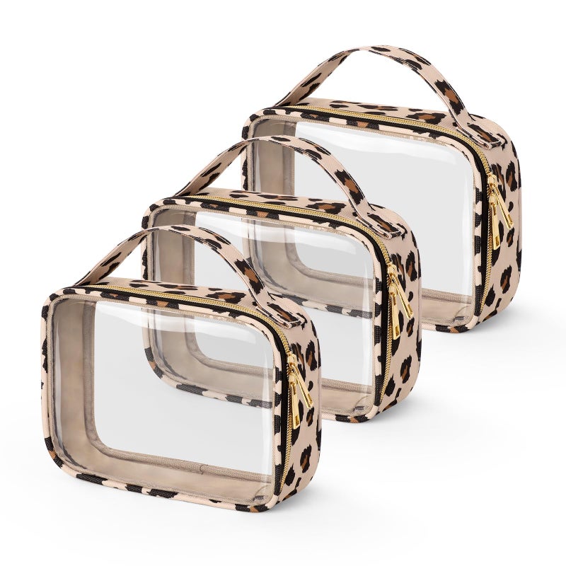Wedama TSA Approved Toiletry Bag 3 Pack Clear Makeup Bags with Handles Quart Size PVC Clear Cosmetic Bags for Women and Men Carry on Airport Airline Compliant Bag Leopard Print